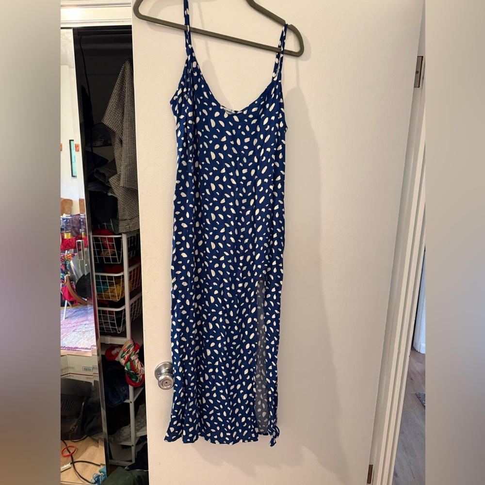 Reformation Navy Blue Slip Dress with White Print